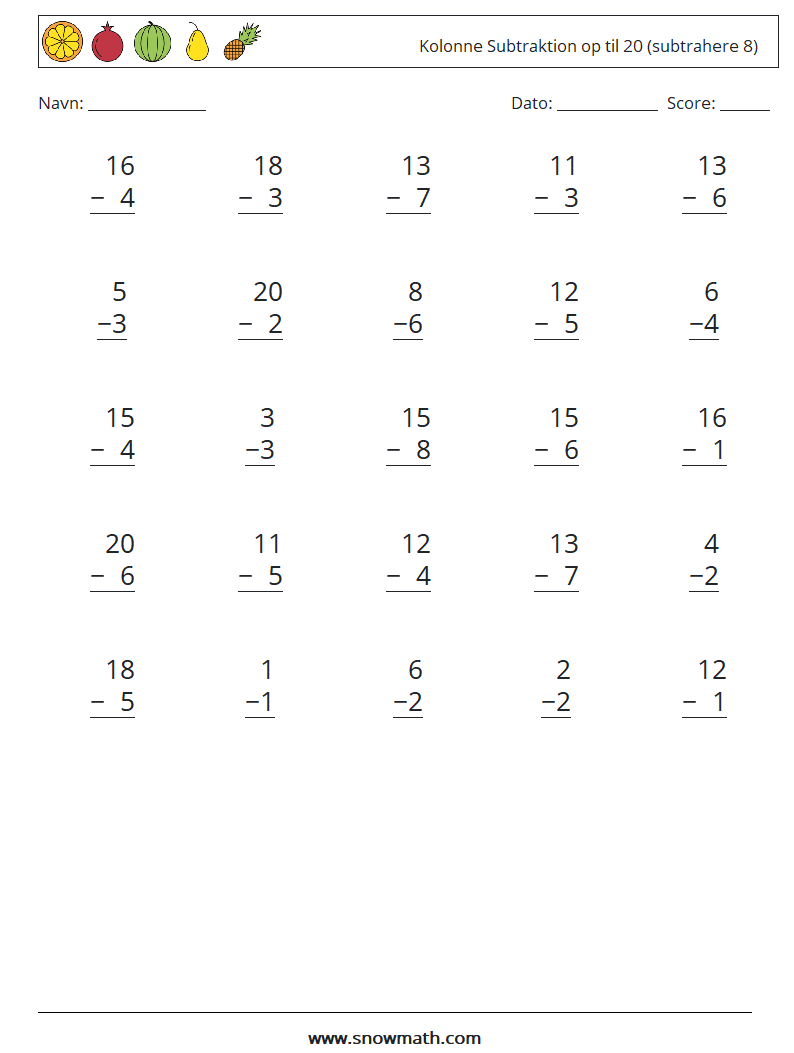 (25) Kolonne Subtraktion op til 20 (subtrahere 8) Matematiske regneark 10