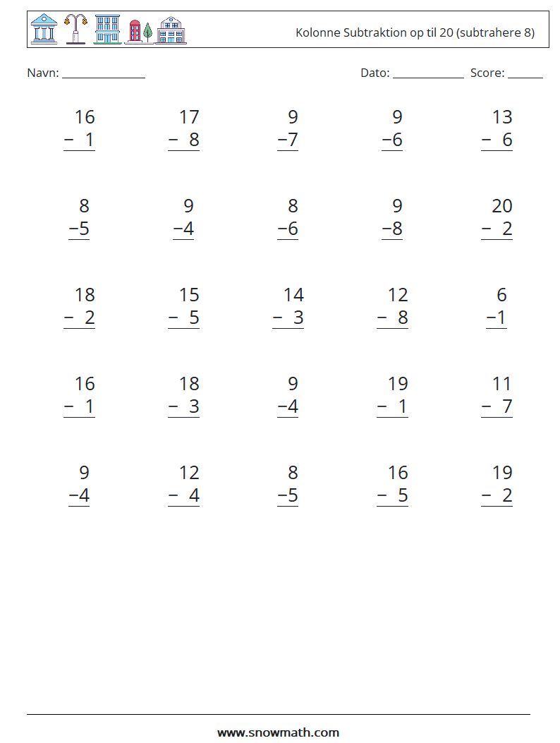 (25) Kolonne Subtraktion op til 20 (subtrahere 8) Matematiske regneark 11