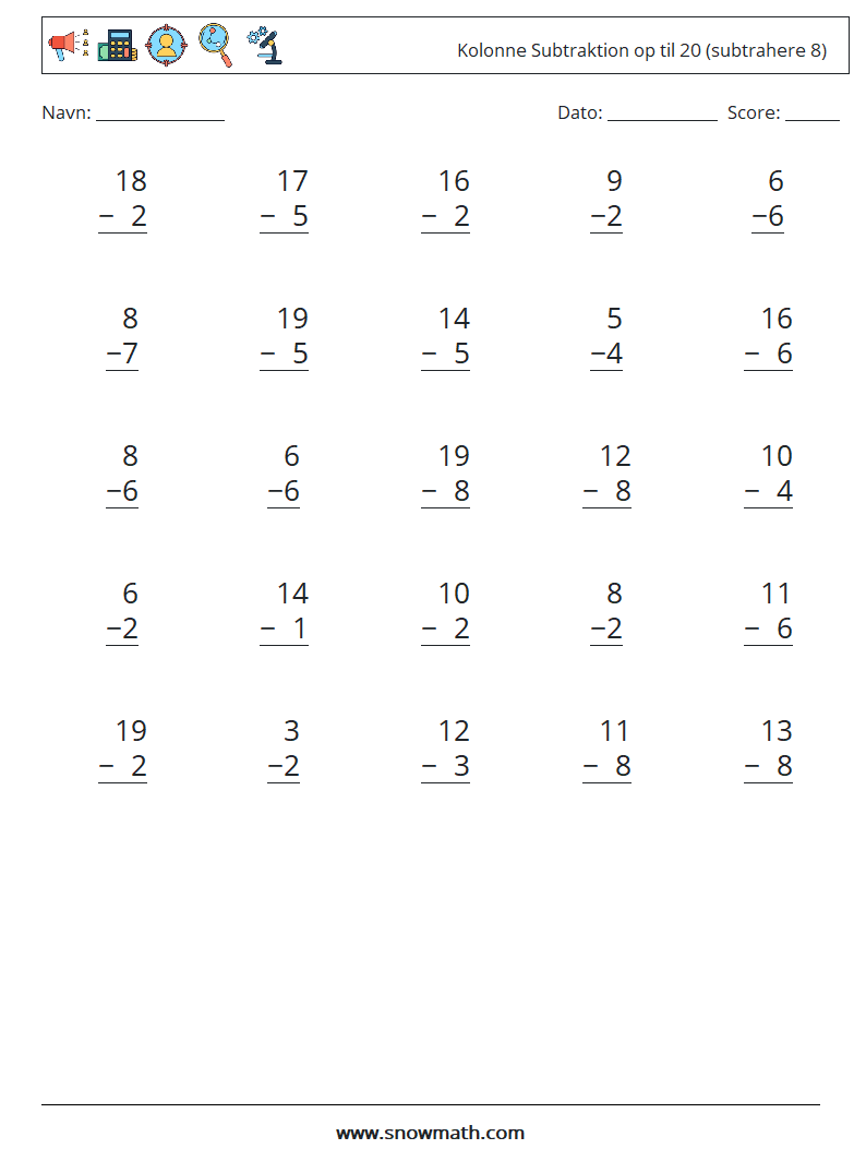 (25) Kolonne Subtraktion op til 20 (subtrahere 8) Matematiske regneark 12