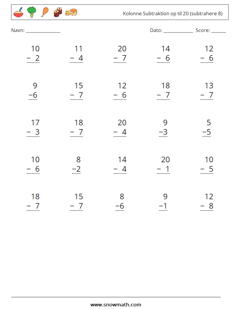 (25) Kolonne Subtraktion op til 20 (subtrahere 8) Matematiske regneark 14