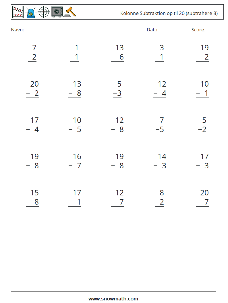 (25) Kolonne Subtraktion op til 20 (subtrahere 8) Matematiske regneark 15