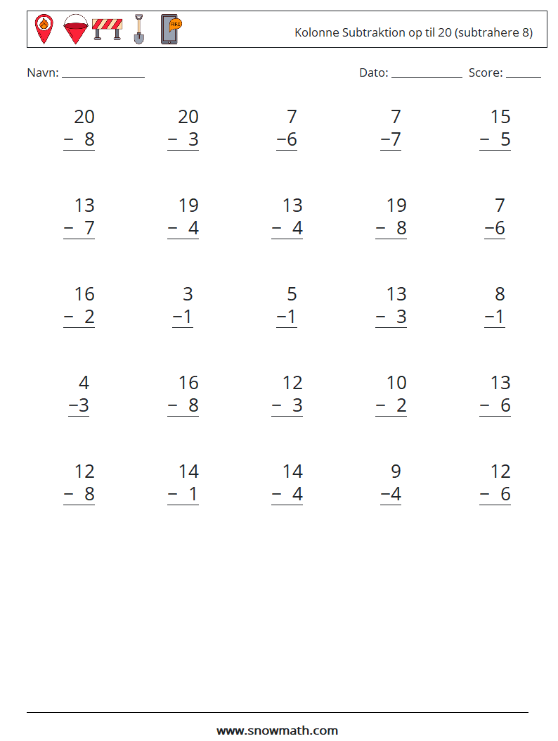 (25) Kolonne Subtraktion op til 20 (subtrahere 8) Matematiske regneark 16