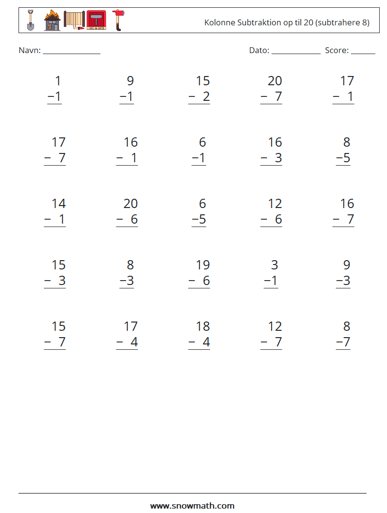 (25) Kolonne Subtraktion op til 20 (subtrahere 8) Matematiske regneark 17