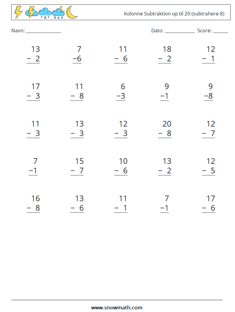 (25) Kolonne Subtraktion op til 20 (subtrahere 8) Matematiske regneark 18