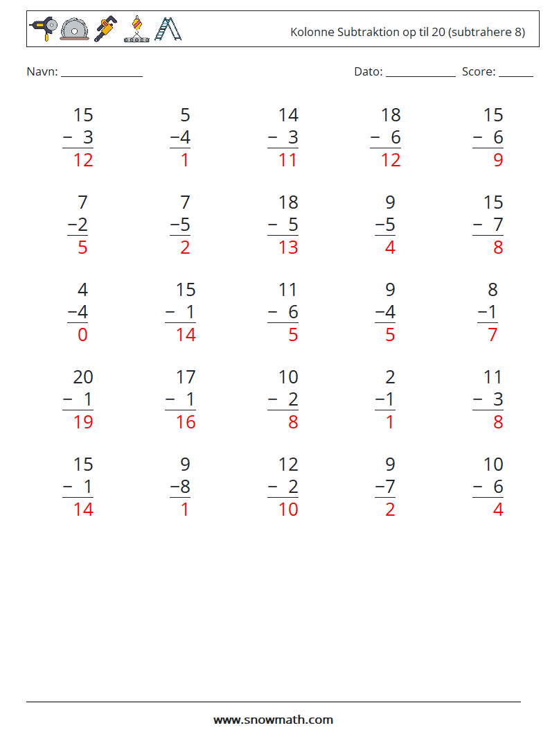 (25) Kolonne Subtraktion op til 20 (subtrahere 8) Matematiske regneark 1 Spørgsmål, svar