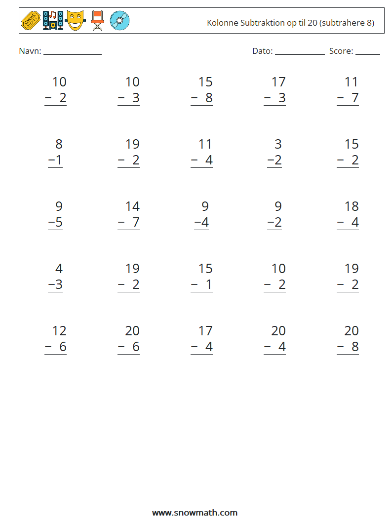(25) Kolonne Subtraktion op til 20 (subtrahere 8) Matematiske regneark 2