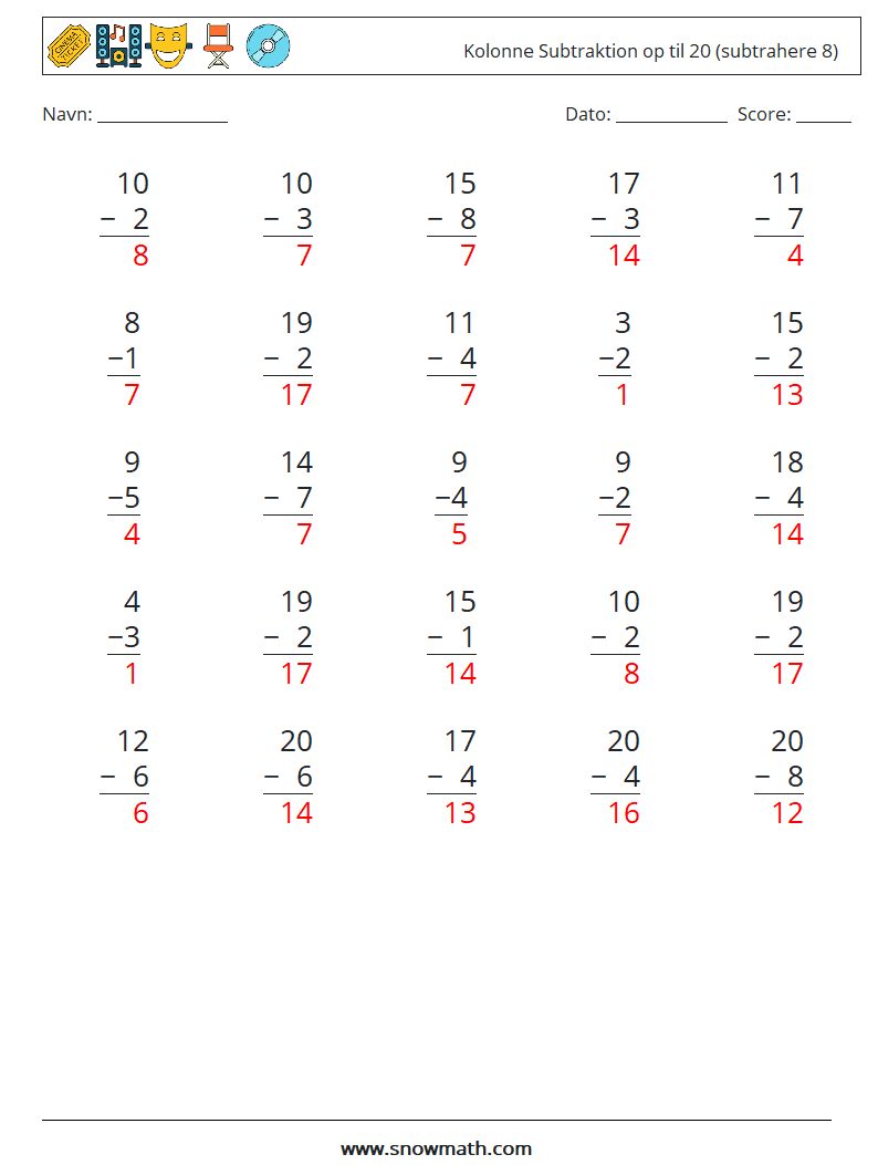 (25) Kolonne Subtraktion op til 20 (subtrahere 8) Matematiske regneark 2 Spørgsmål, svar