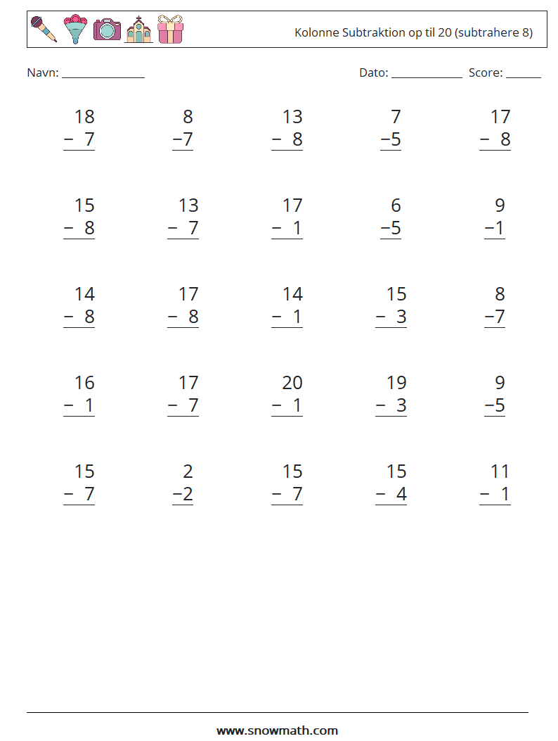 (25) Kolonne Subtraktion op til 20 (subtrahere 8) Matematiske regneark 3