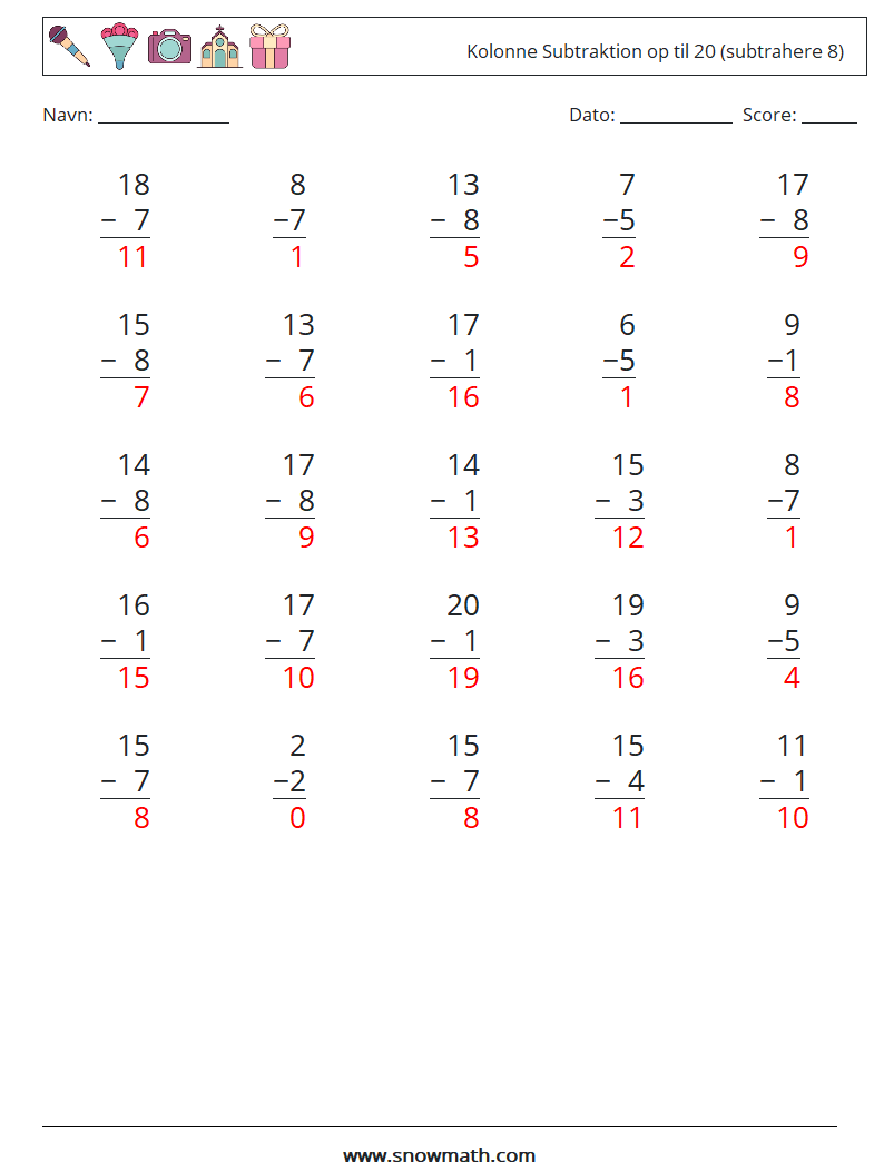 (25) Kolonne Subtraktion op til 20 (subtrahere 8) Matematiske regneark 3 Spørgsmål, svar
