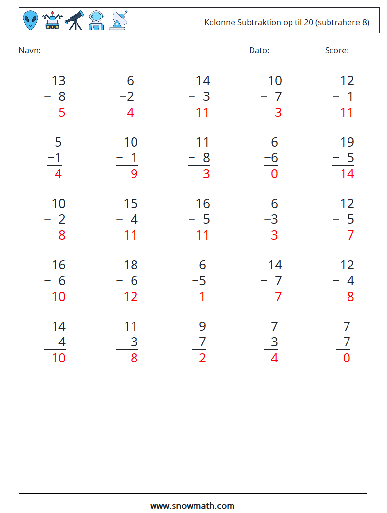 (25) Kolonne Subtraktion op til 20 (subtrahere 8) Matematiske regneark 4 Spørgsmål, svar