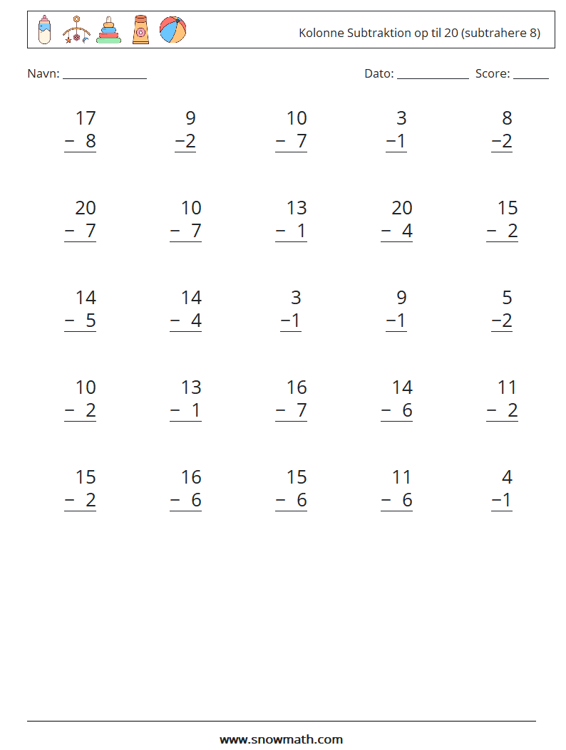 (25) Kolonne Subtraktion op til 20 (subtrahere 8) Matematiske regneark 5