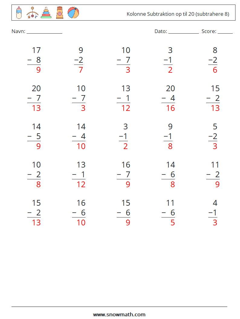 (25) Kolonne Subtraktion op til 20 (subtrahere 8) Matematiske regneark 5 Spørgsmål, svar