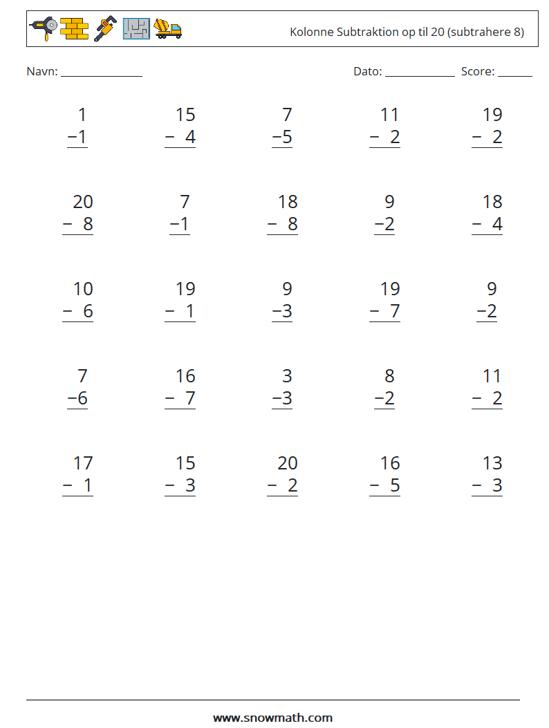 (25) Kolonne Subtraktion op til 20 (subtrahere 8) Matematiske regneark 6