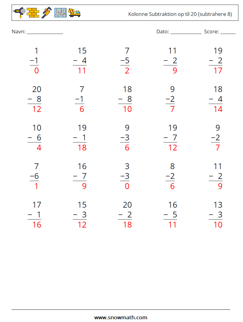 (25) Kolonne Subtraktion op til 20 (subtrahere 8) Matematiske regneark 6 Spørgsmål, svar