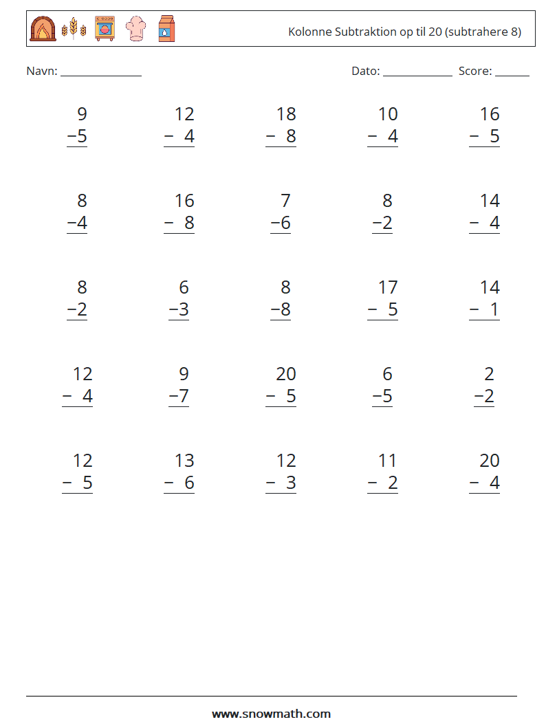 (25) Kolonne Subtraktion op til 20 (subtrahere 8) Matematiske regneark 7