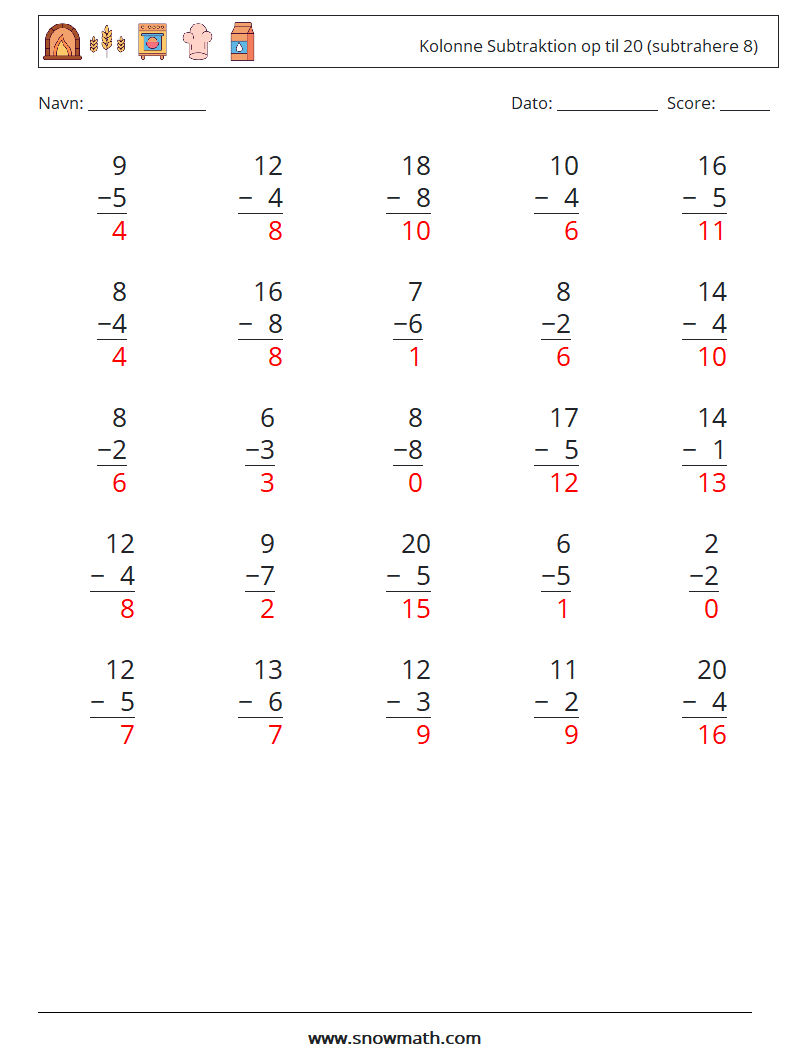 (25) Kolonne Subtraktion op til 20 (subtrahere 8) Matematiske regneark 7 Spørgsmål, svar