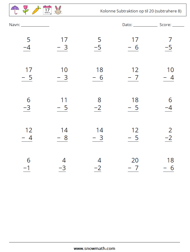 (25) Kolonne Subtraktion op til 20 (subtrahere 8) Matematiske regneark 8
