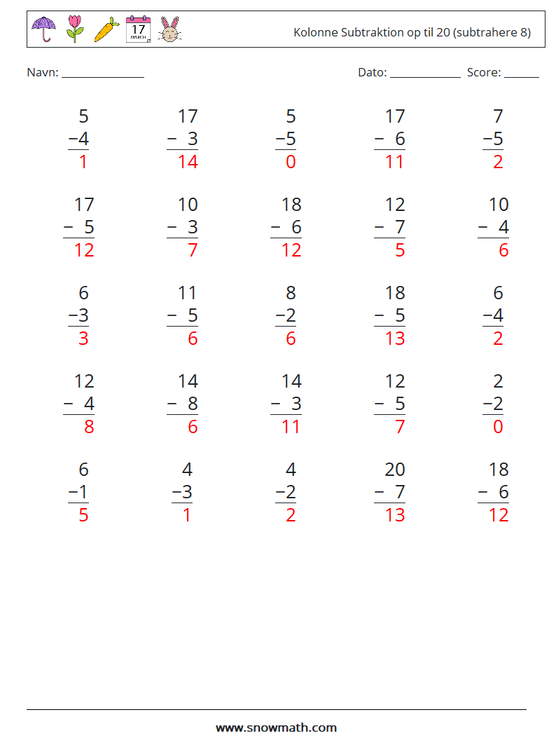 (25) Kolonne Subtraktion op til 20 (subtrahere 8) Matematiske regneark 8 Spørgsmål, svar