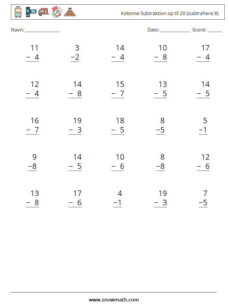 (25) Kolonne Subtraktion op til 20 (subtrahere 8) Matematiske regneark 9