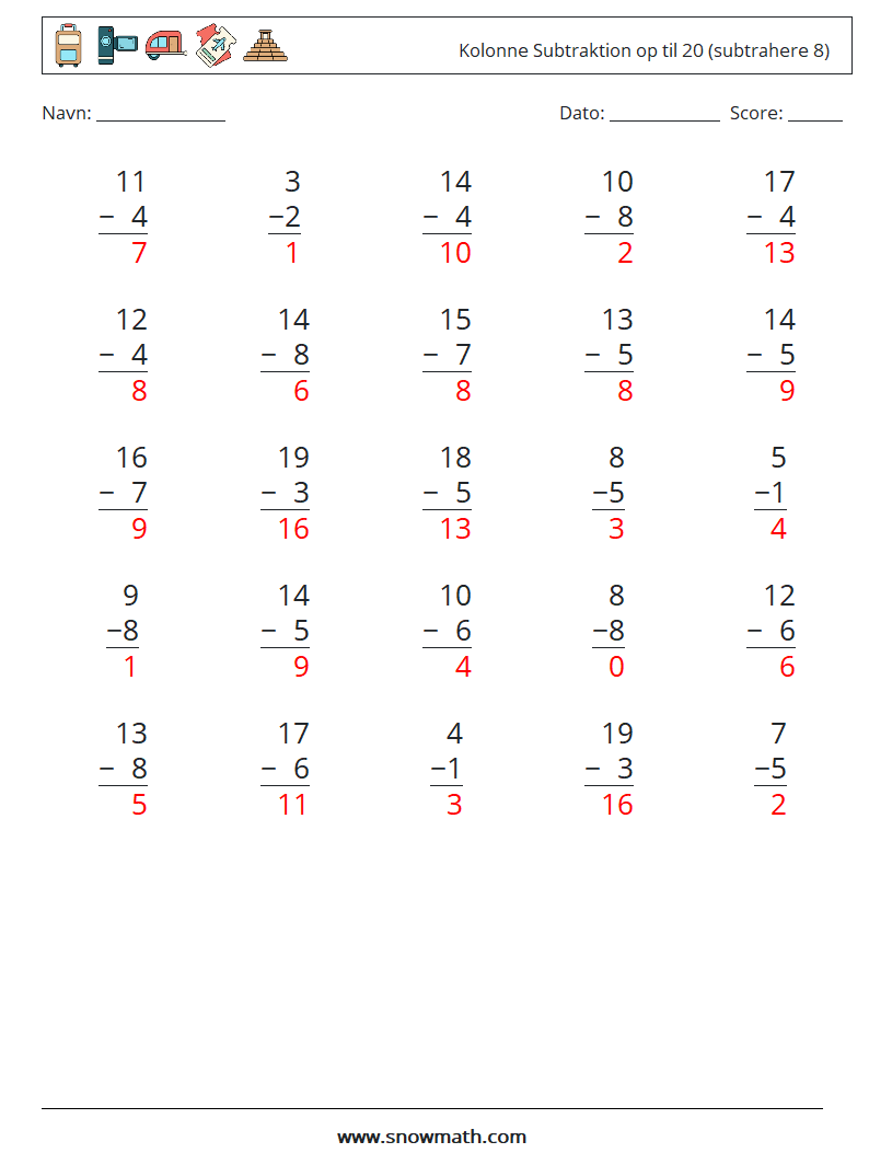 (25) Kolonne Subtraktion op til 20 (subtrahere 8) Matematiske regneark 9 Spørgsmål, svar