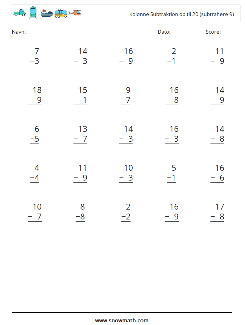 (25) Kolonne Subtraktion op til 20 (subtrahere 9)