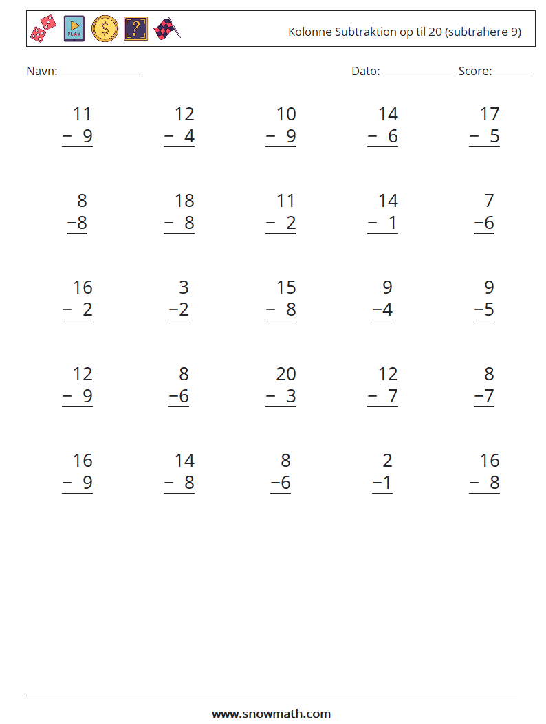 (25) Kolonne Subtraktion op til 20 (subtrahere 9) Matematiske regneark 10