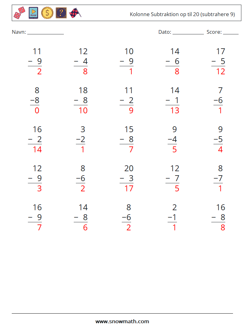 (25) Kolonne Subtraktion op til 20 (subtrahere 9) Matematiske regneark 10 Spørgsmål, svar