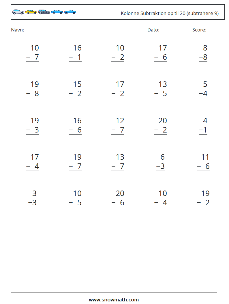(25) Kolonne Subtraktion op til 20 (subtrahere 9) Matematiske regneark 11