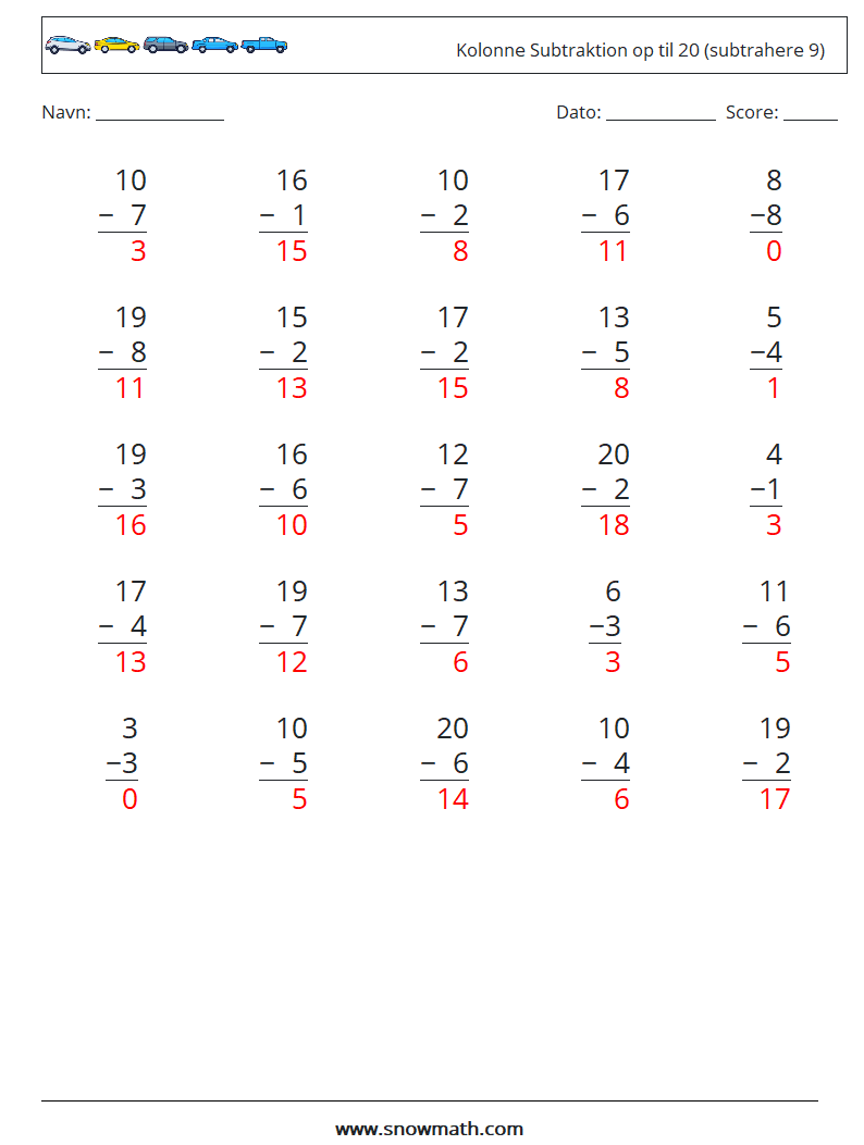 (25) Kolonne Subtraktion op til 20 (subtrahere 9) Matematiske regneark 11 Spørgsmål, svar