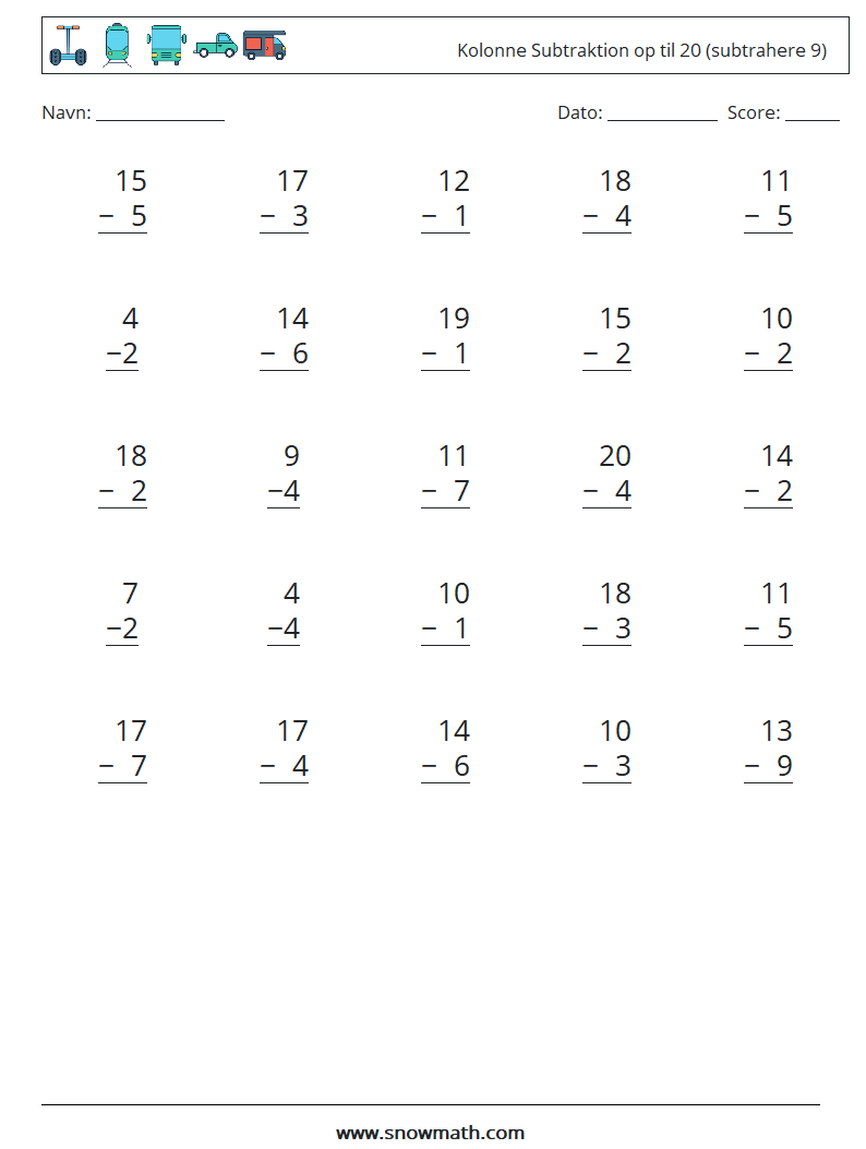 (25) Kolonne Subtraktion op til 20 (subtrahere 9) Matematiske regneark 12