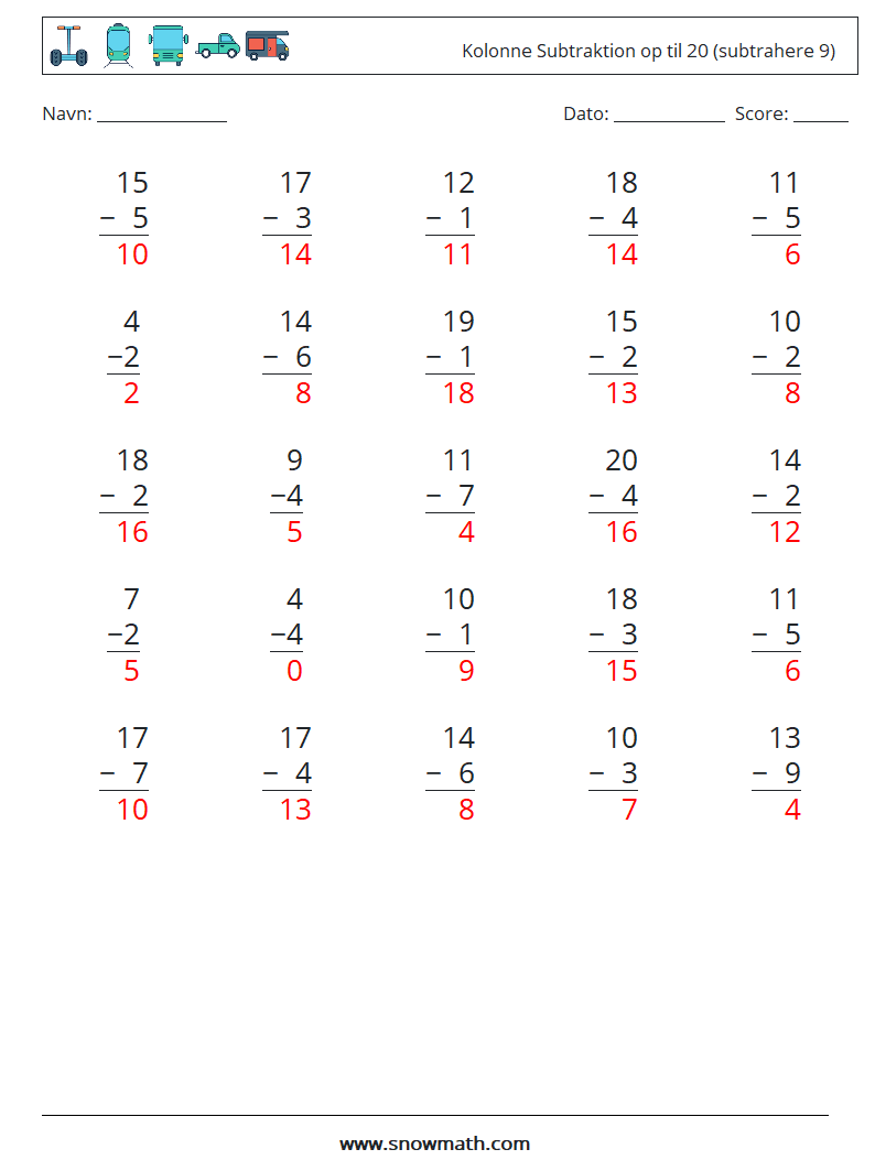 (25) Kolonne Subtraktion op til 20 (subtrahere 9) Matematiske regneark 12 Spørgsmål, svar