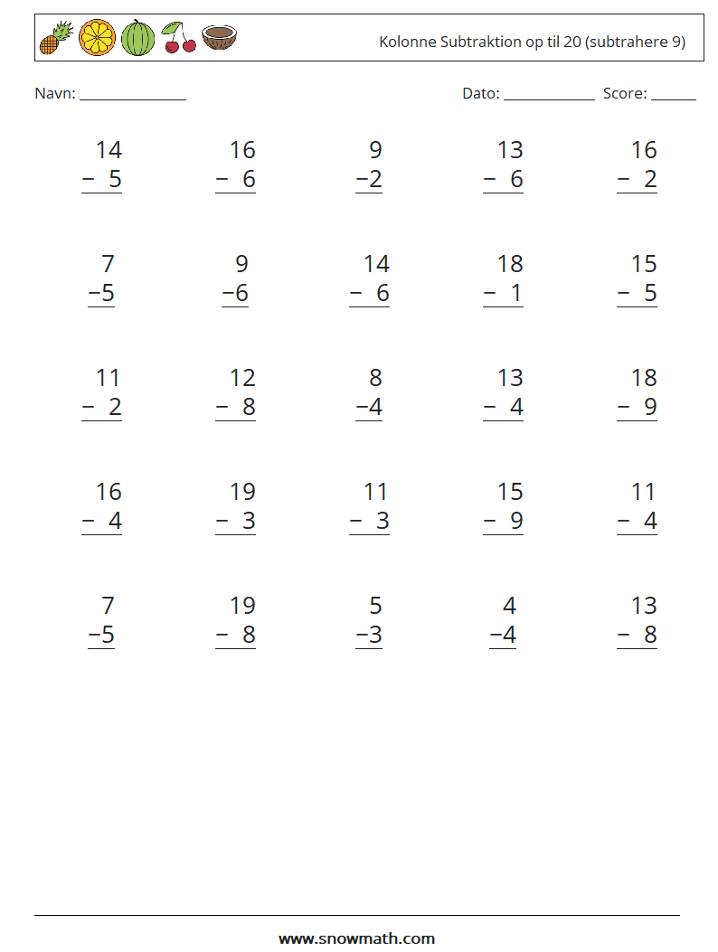(25) Kolonne Subtraktion op til 20 (subtrahere 9) Matematiske regneark 13