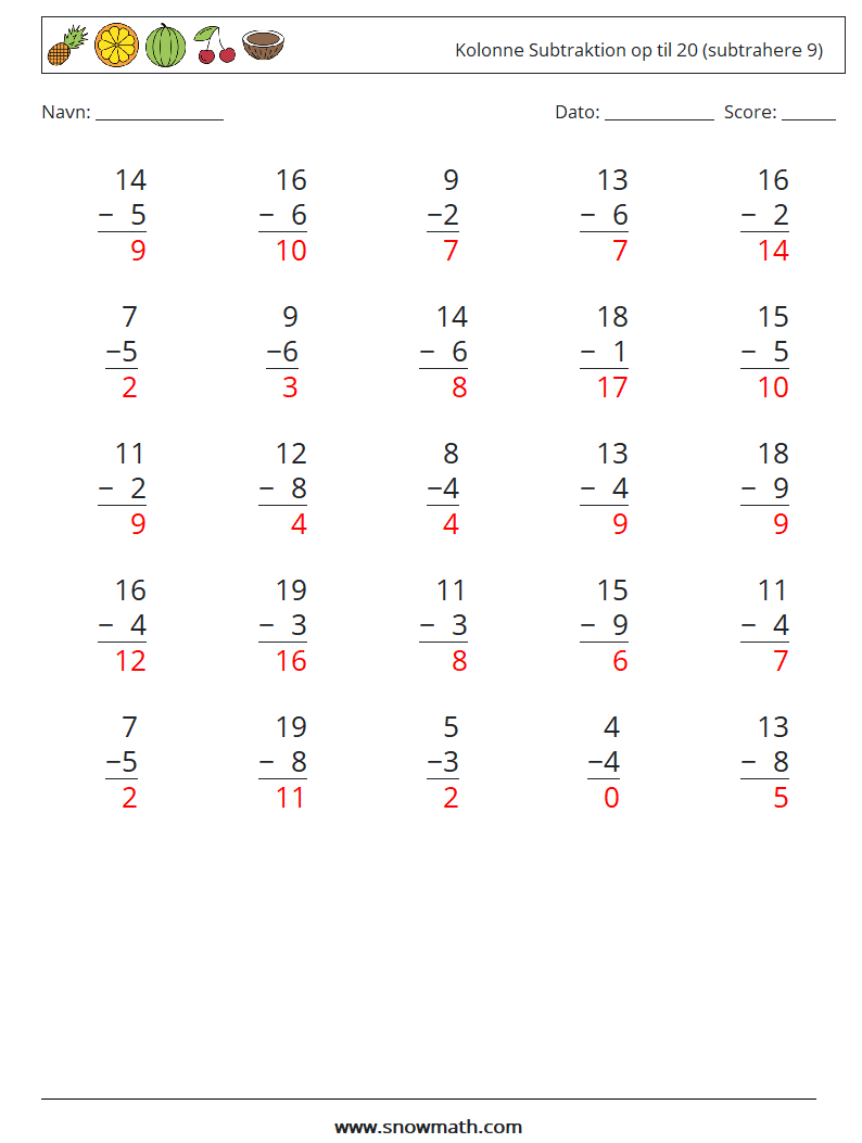 (25) Kolonne Subtraktion op til 20 (subtrahere 9) Matematiske regneark 13 Spørgsmål, svar