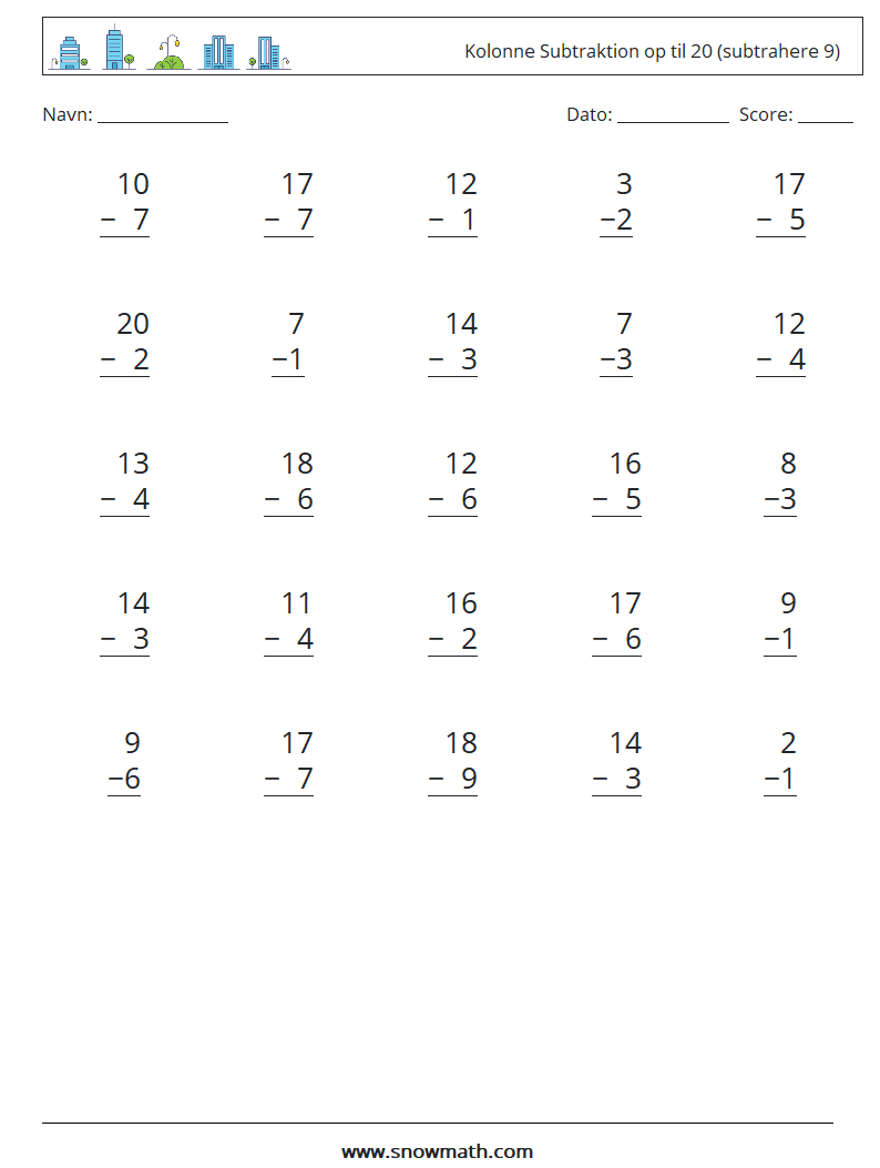(25) Kolonne Subtraktion op til 20 (subtrahere 9) Matematiske regneark 14