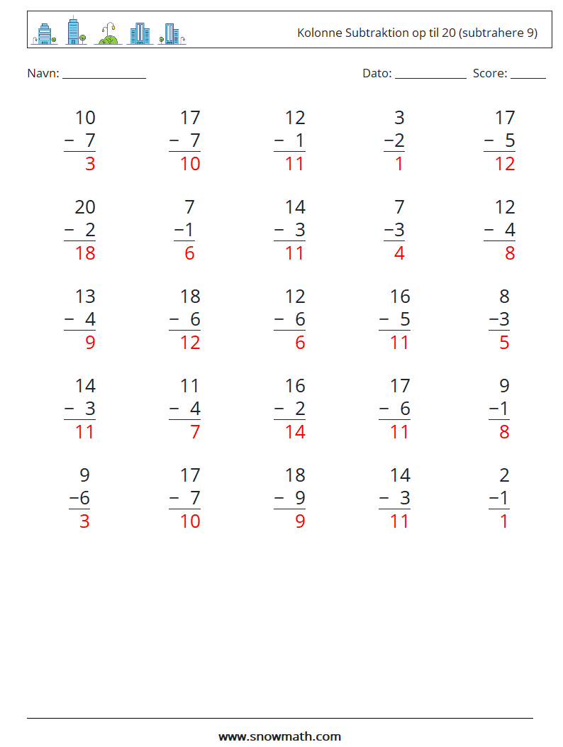 (25) Kolonne Subtraktion op til 20 (subtrahere 9) Matematiske regneark 14 Spørgsmål, svar