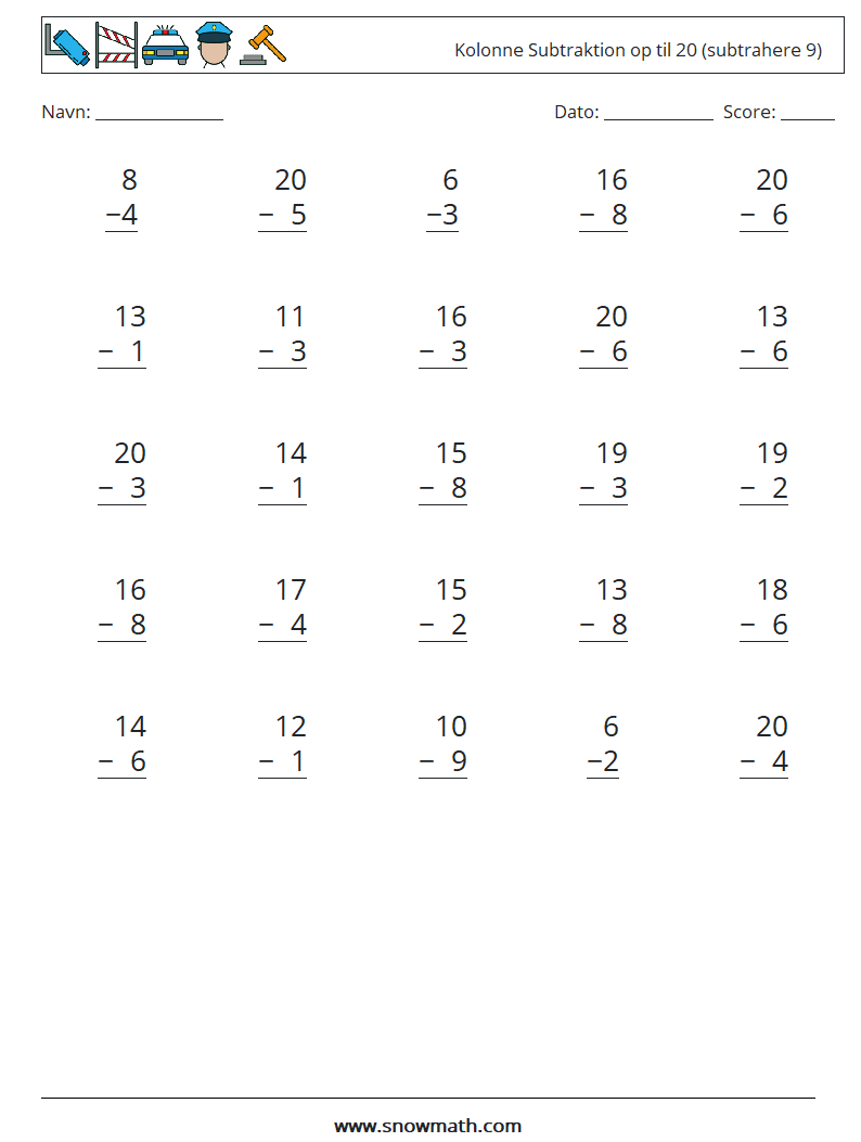 (25) Kolonne Subtraktion op til 20 (subtrahere 9) Matematiske regneark 15