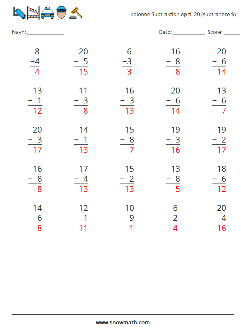 (25) Kolonne Subtraktion op til 20 (subtrahere 9) Matematiske regneark 15 Spørgsmål, svar