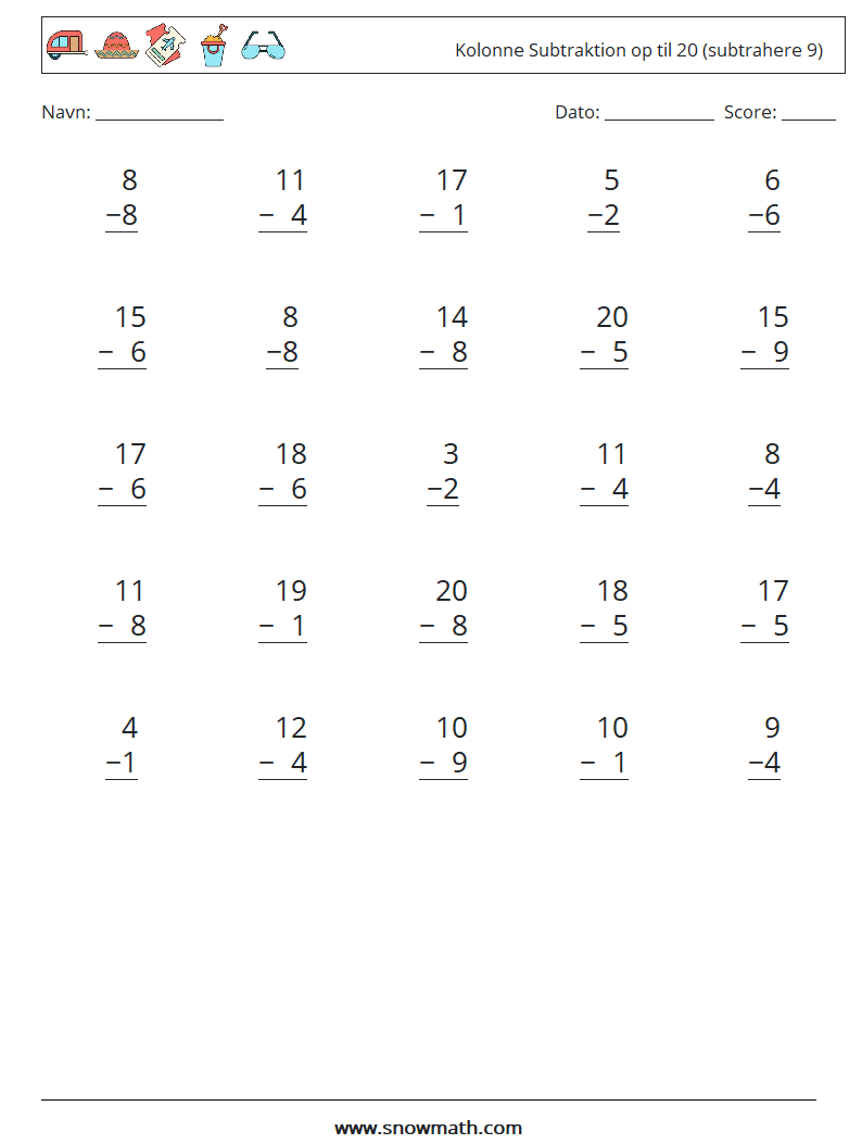 (25) Kolonne Subtraktion op til 20 (subtrahere 9) Matematiske regneark 16