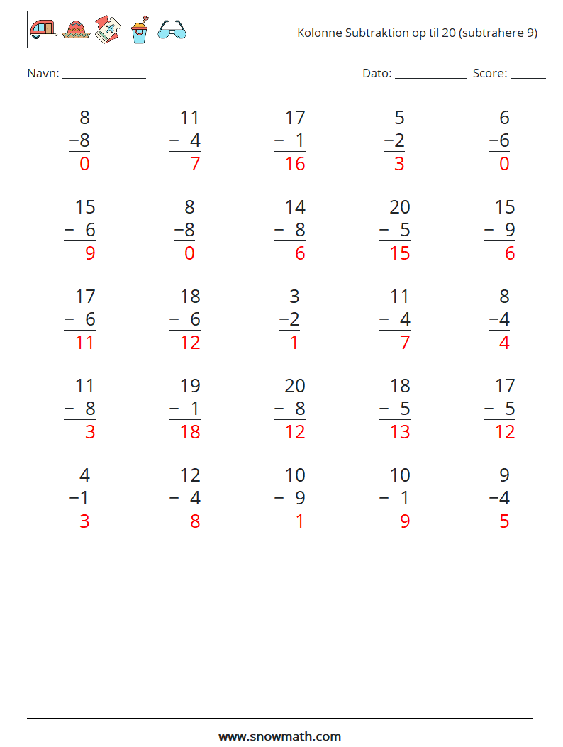 (25) Kolonne Subtraktion op til 20 (subtrahere 9) Matematiske regneark 16 Spørgsmål, svar