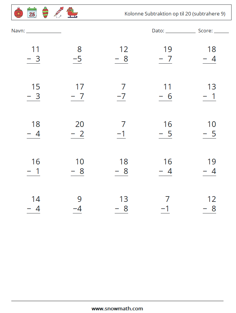 (25) Kolonne Subtraktion op til 20 (subtrahere 9) Matematiske regneark 17