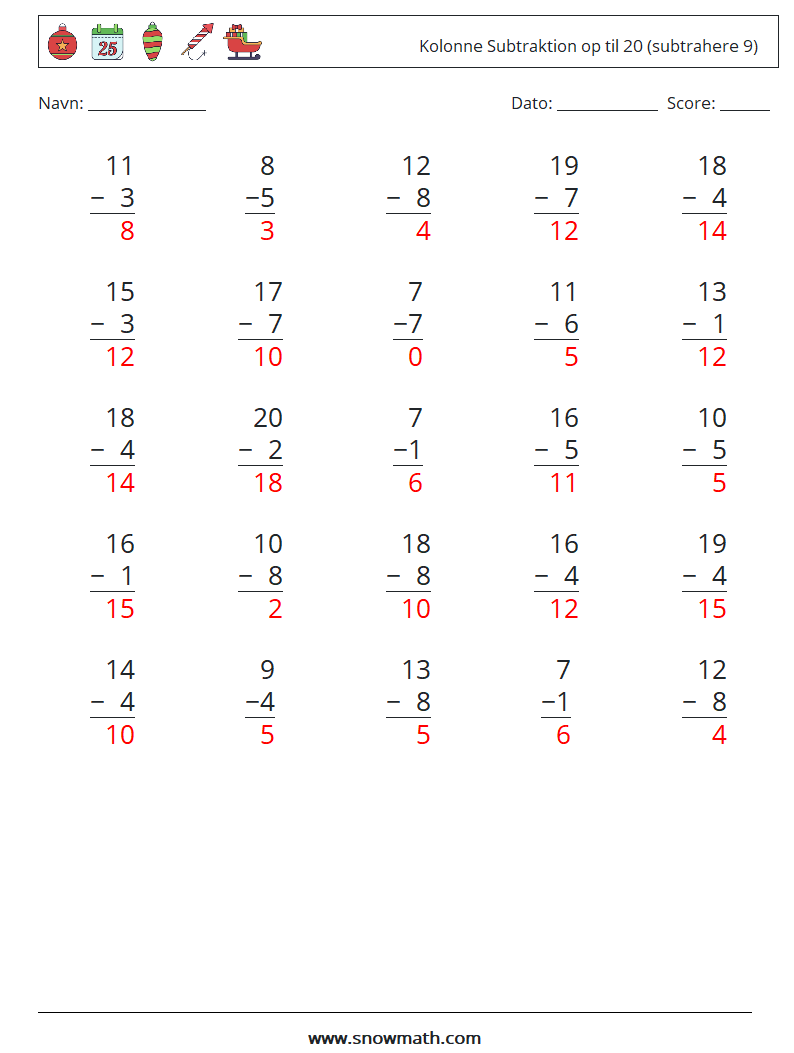 (25) Kolonne Subtraktion op til 20 (subtrahere 9) Matematiske regneark 17 Spørgsmål, svar