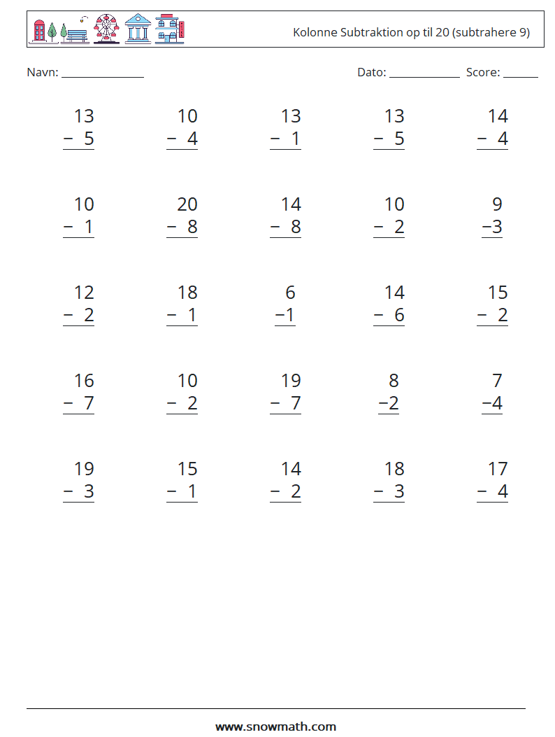(25) Kolonne Subtraktion op til 20 (subtrahere 9) Matematiske regneark 18