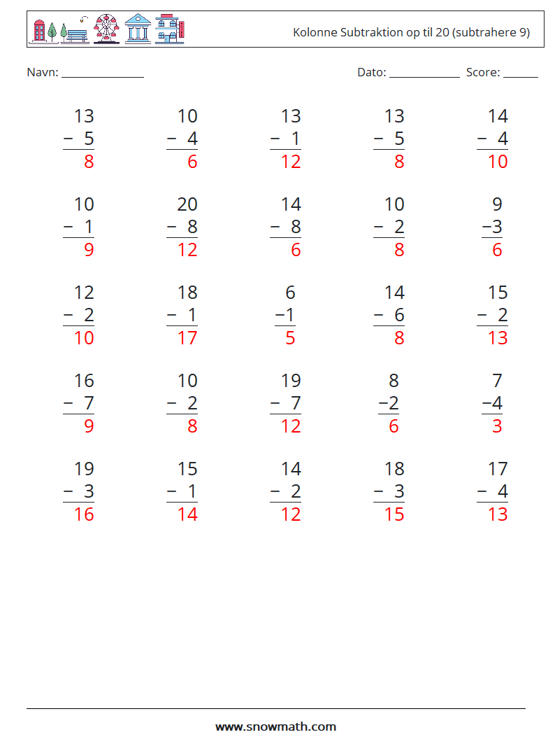(25) Kolonne Subtraktion op til 20 (subtrahere 9) Matematiske regneark 18 Spørgsmål, svar