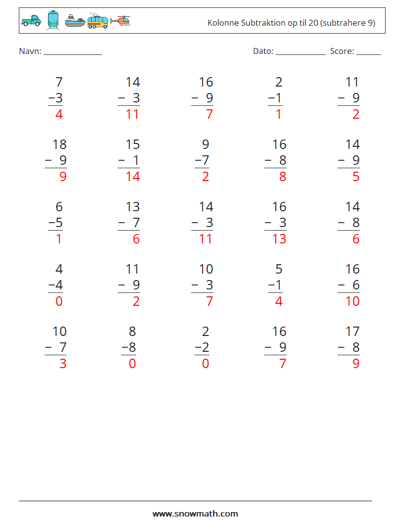(25) Kolonne Subtraktion op til 20 (subtrahere 9) Matematiske regneark 1 Spørgsmål, svar