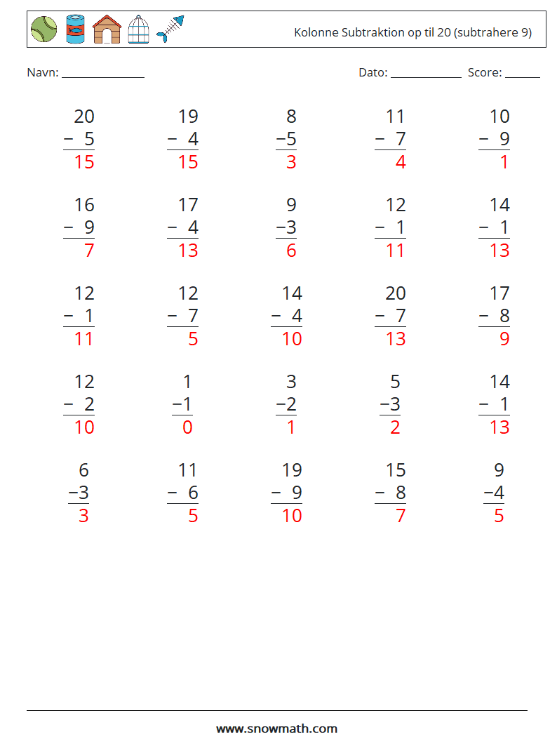 (25) Kolonne Subtraktion op til 20 (subtrahere 9) Matematiske regneark 2 Spørgsmål, svar