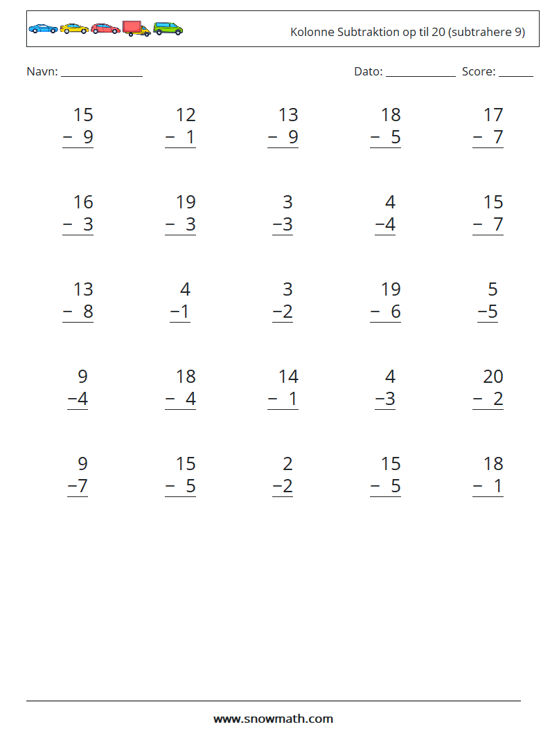 (25) Kolonne Subtraktion op til 20 (subtrahere 9) Matematiske regneark 3