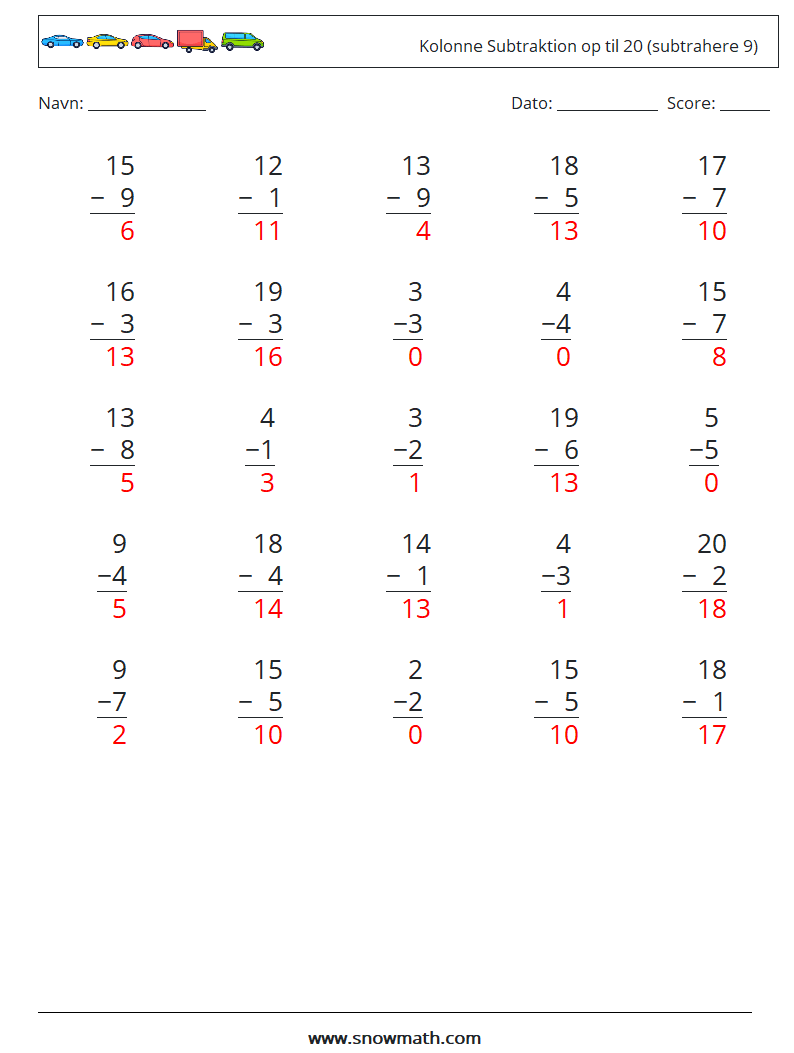 (25) Kolonne Subtraktion op til 20 (subtrahere 9) Matematiske regneark 3 Spørgsmål, svar