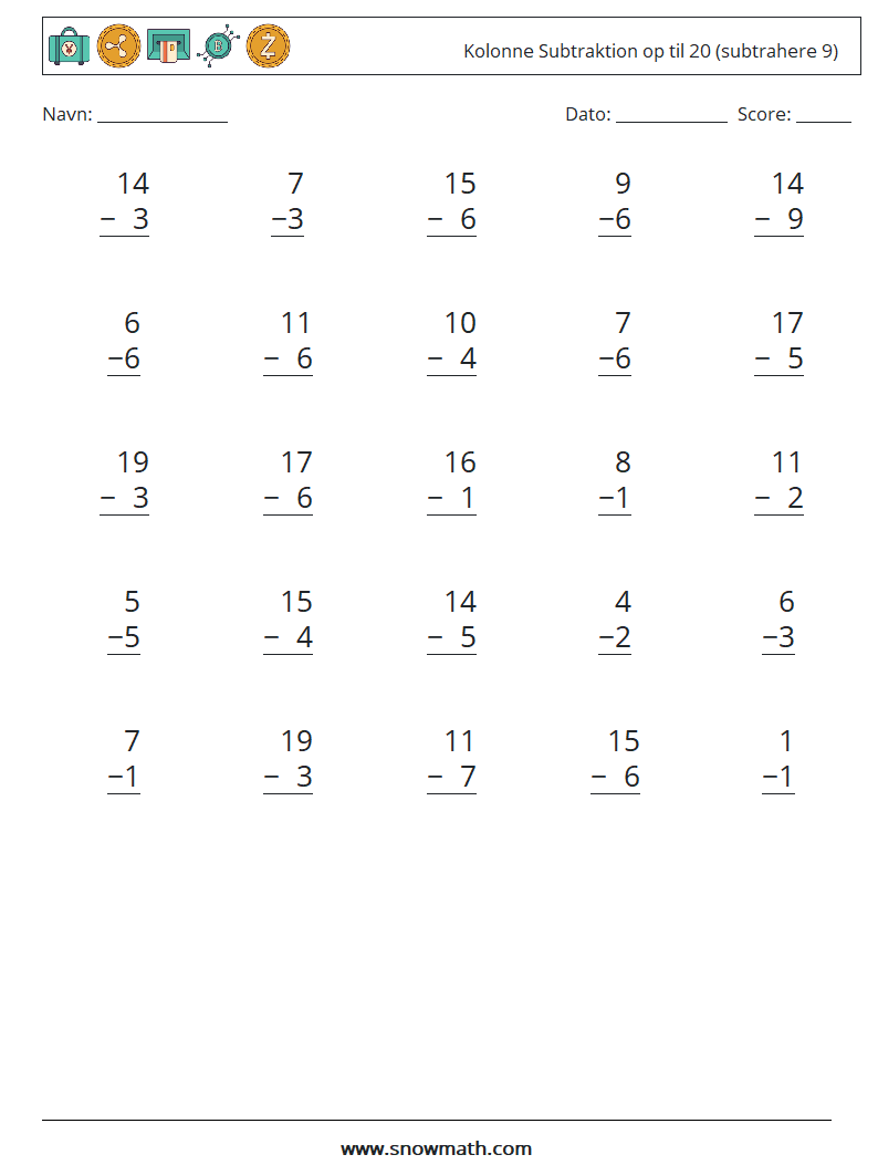 (25) Kolonne Subtraktion op til 20 (subtrahere 9) Matematiske regneark 4