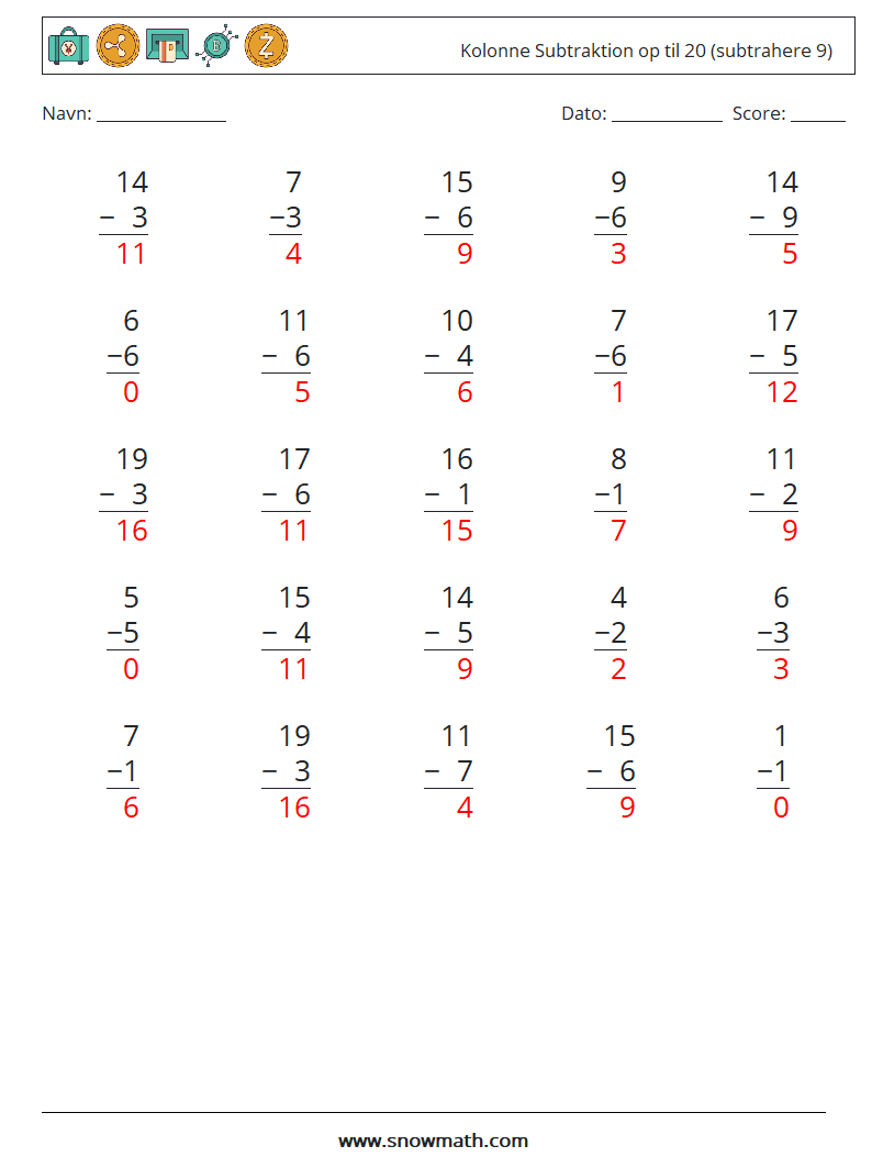 (25) Kolonne Subtraktion op til 20 (subtrahere 9) Matematiske regneark 4 Spørgsmål, svar