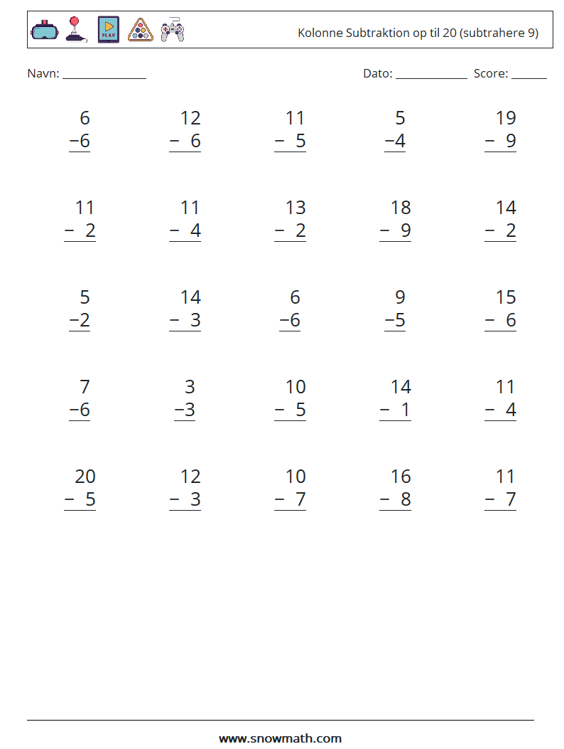 (25) Kolonne Subtraktion op til 20 (subtrahere 9) Matematiske regneark 5